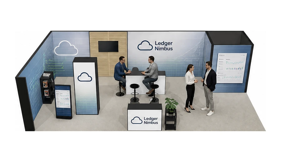 Stoisko 10 × 5 m narożne lewe dla branży oprogramowanie dla firm, przykładowa marka Ledger Nimbus