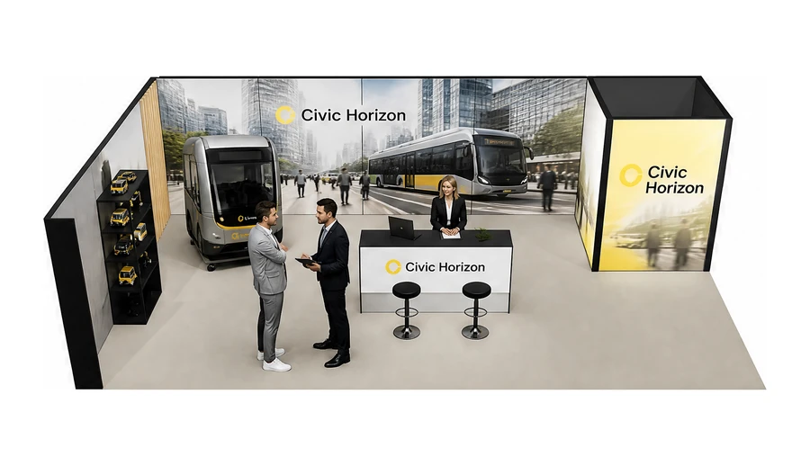 Stoisko 10 × 5 m narożne lewe dla branży autobusy i transport zbiorowy, przykładowa marka Civic Horizon
