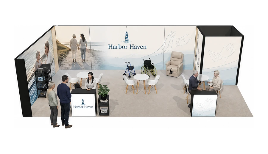 Stoisko 10 × 5 m narożne lewe dla branży opieka senioralna, przykładowa marka Harbor Haven
