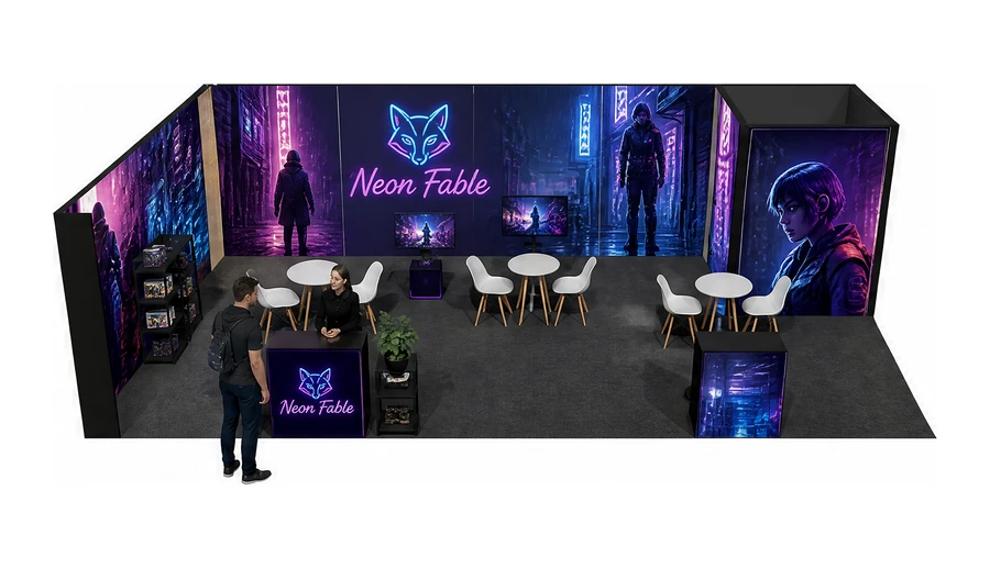 Stoisko 10 × 5 m narożne lewe dla branży gry wideo, przykładowa marka Neon Fable