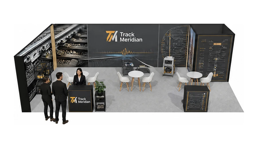 Stoisko 10 × 5 m narożne lewe dla branży kolej i tabor, przykładowa marka Track Meridian