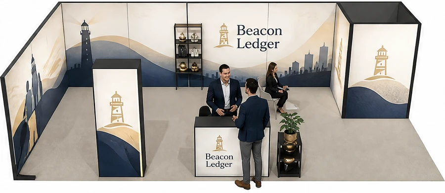 Stoisko 10 × 5 m narożne lewe dla branży ubezpieczenia, przykładowa marka Beacon Ledger