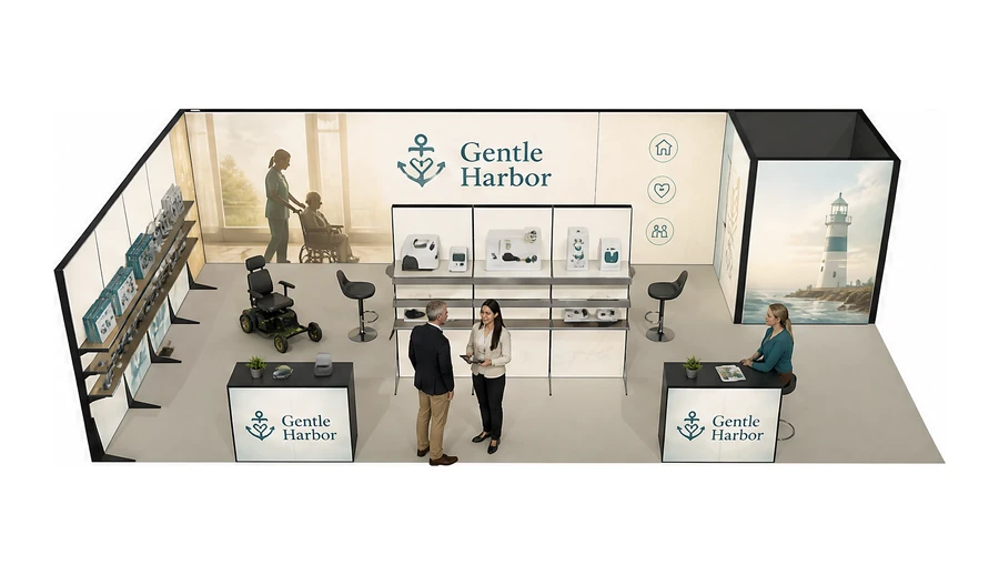 Stoisko 10 × 5 m narożne lewe dla branży opieka senioralna, przykładowa marka Gentle Harbor