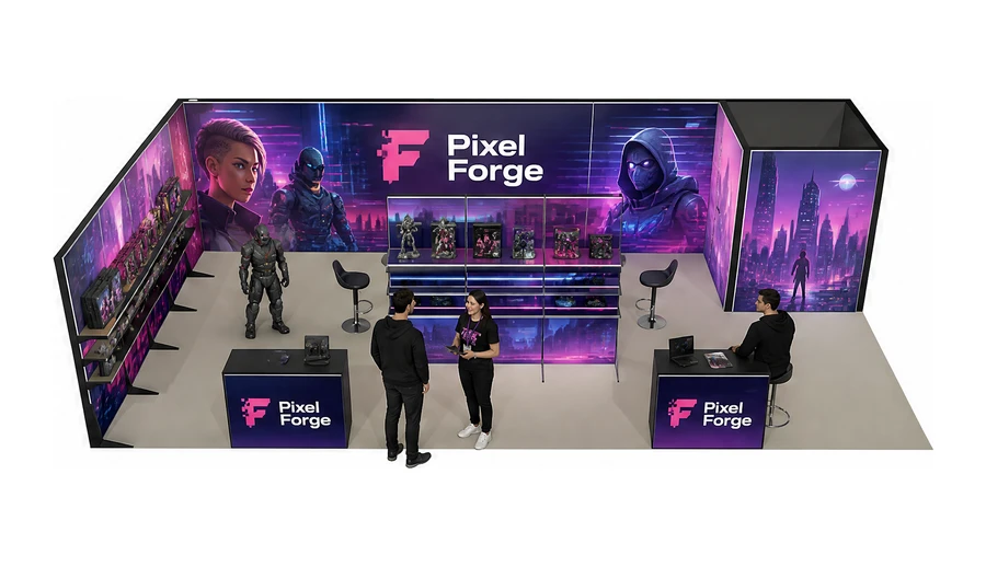 Stoisko 10 × 5 m narożne lewe dla branży gry wideo, przykładowa marka Pixel Forge