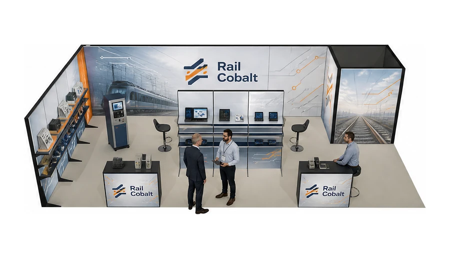 Stoisko 10 × 5 m narożne lewe dla branży kolej i tabor, przykładowa marka Rail Cobalt
