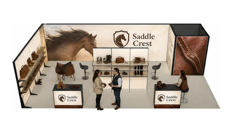 Stoisko 10 × 5 m narożne lewe dla branży jeździectwo, przykładowa marka Saddle Crest