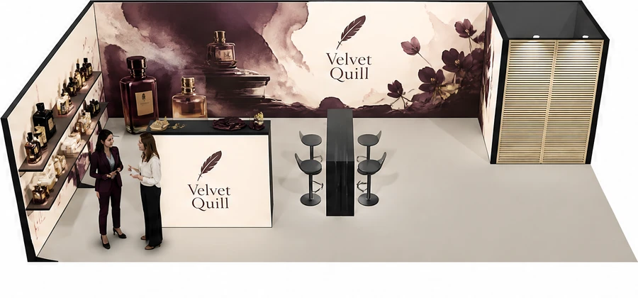 Stoisko 10 × 5 m narożne lewe dla branży perfumy, przykładowa marka Velvet Quill