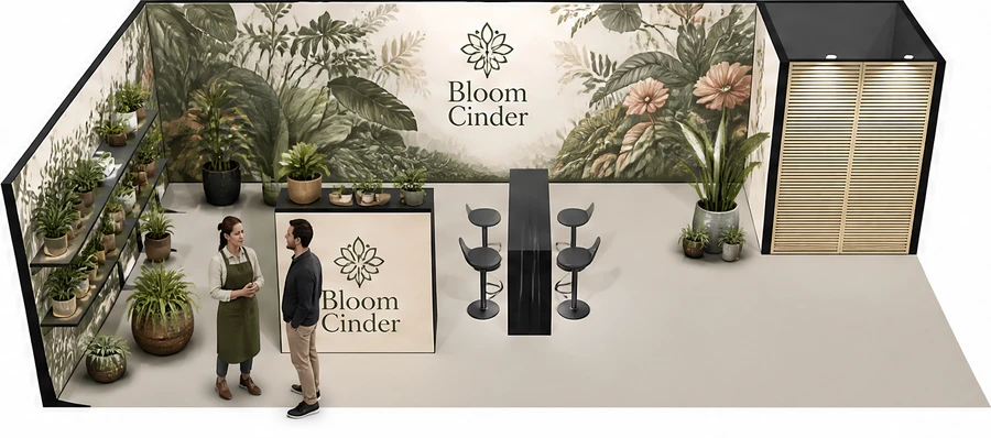 Stoisko 10 × 5 m narożne lewe dla branży rośliny i kwiaciarstwo, przykładowa marka Bloom Cinder