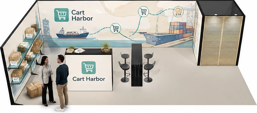 Stoisko 10 × 5 m narożne lewe dla branży e-commerce, przykładowa marka Cart Harbor