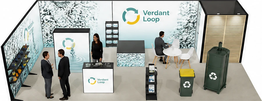 Stoisko 10 × 5 m narożne lewe dla branży recykling i ochrona środowiska, przykładowa marka Verdant Loop