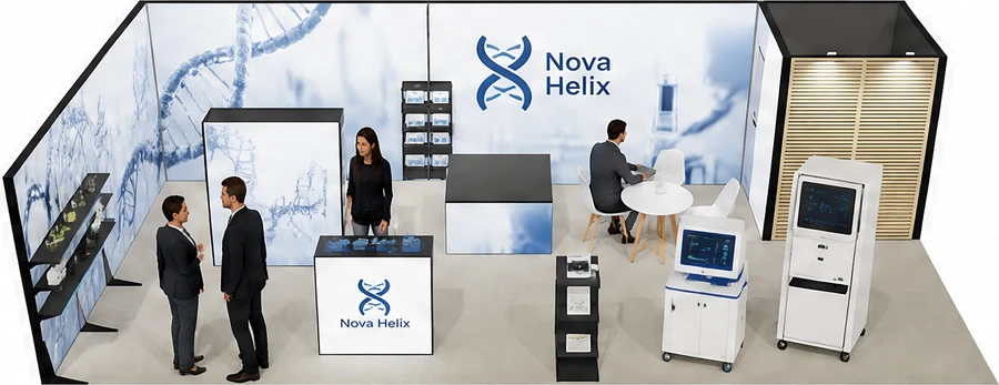 Stoisko 10 × 5 m narożne lewe dla branży farmacja i biotechnologia, przykładowa marka Nova Helix