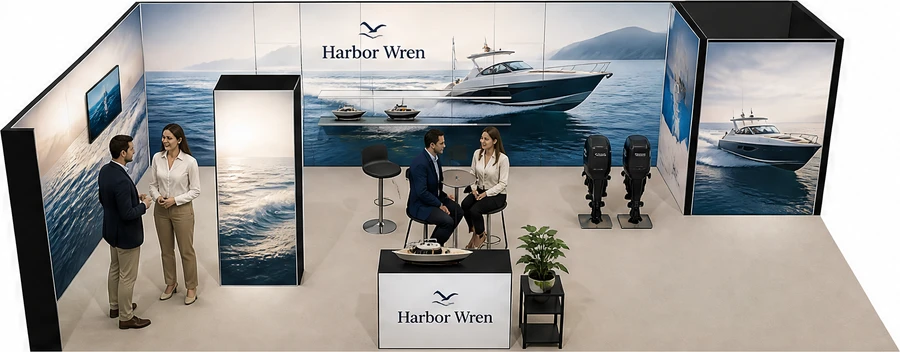 Stoisko 10 × 5 m narożne lewe dla branży jachty i łodzie, przykładowa marka Harbor Wren
