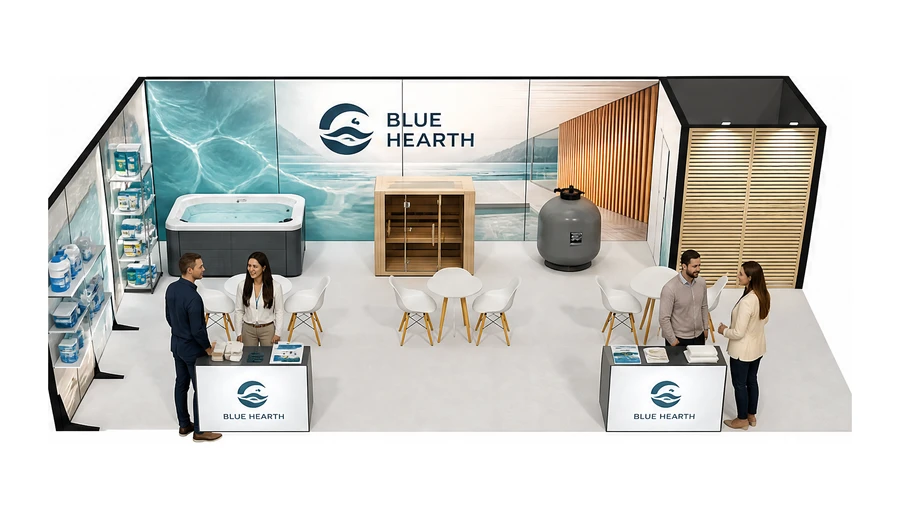 Stoisko 10 × 5 m narożne lewe dla branży baseny i sauny, przykładowa marka Blue Hearth