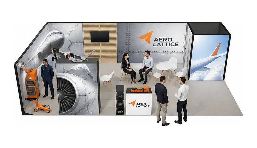 Stoisko 10 × 5 m narożne lewe dla branży lotnictwo, przykładowa marka Aero Lattice