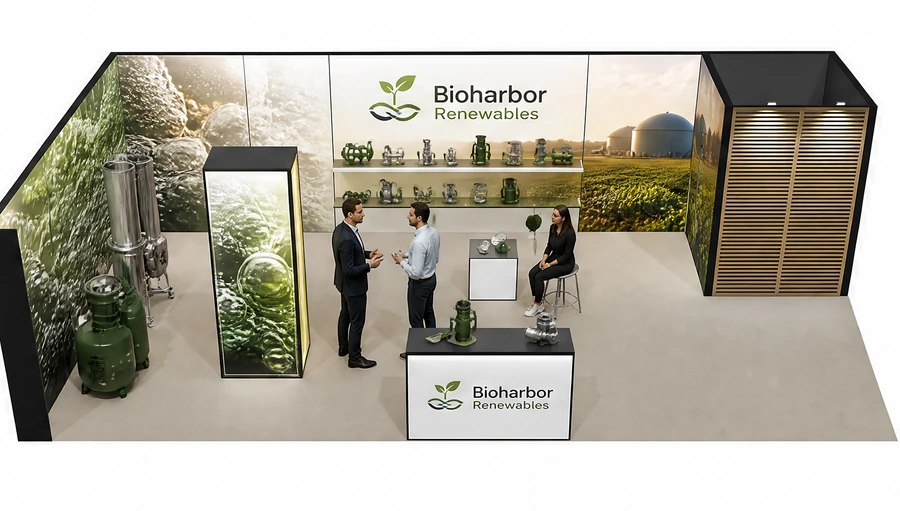 Stoisko 10 × 5 m narożne lewe dla branży biogaz i OZE, przykładowa marka Bioharbor Renewables