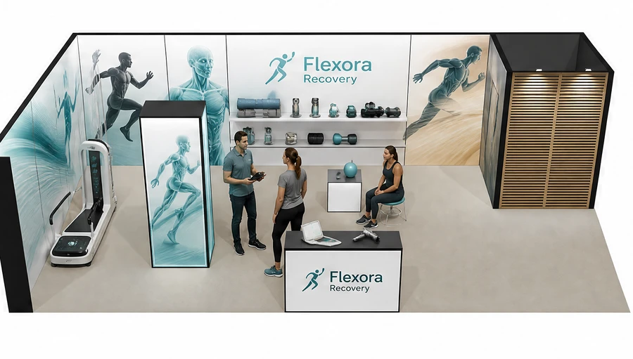 Stoisko 10 × 5 m narożne lewe dla branży rehabilitacja i fizjoterapia, przykładowa marka Flexora Recovery