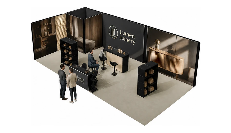 Stoisko 10 × 5 m narożne lewe dla branży meble designerskie, przykładowa marka Lumen Joinery
