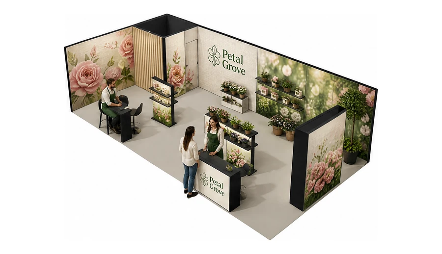 Stoisko 10 × 5 m narożne lewe dla branży rośliny i kwiaciarstwo, przykładowa marka Petal Grove