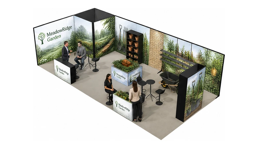Stoisko 10 × 5 m narożne lewe dla branży ogród i architektura krajobrazu, przykładowa marka MeadowRidge Garden