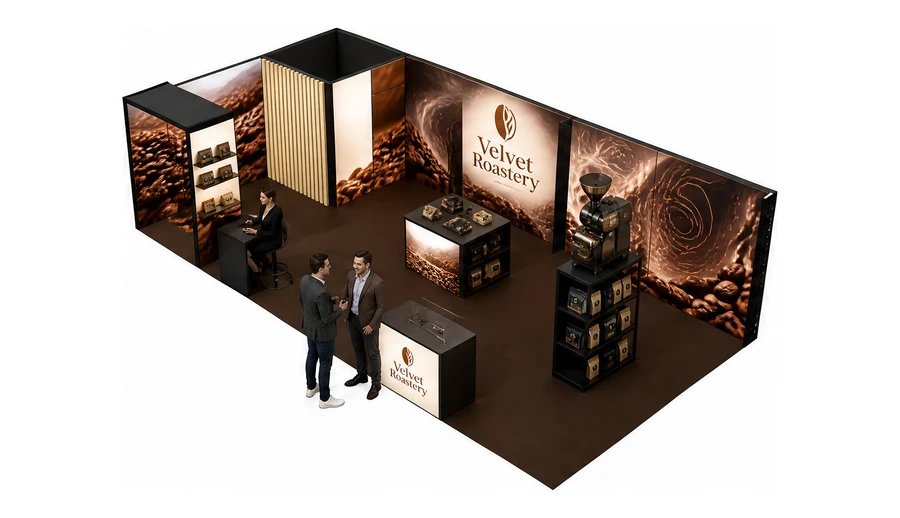 Stoisko 10 × 5 m narożne lewe dla branży palarnia kawy, przykładowa marka Velvet Roastery