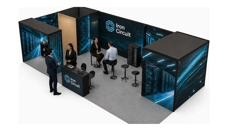 Stoisko 10 × 5 m narożne lewe dla branży infrastruktura IT i data center, przykładowa marka Iron Circuit