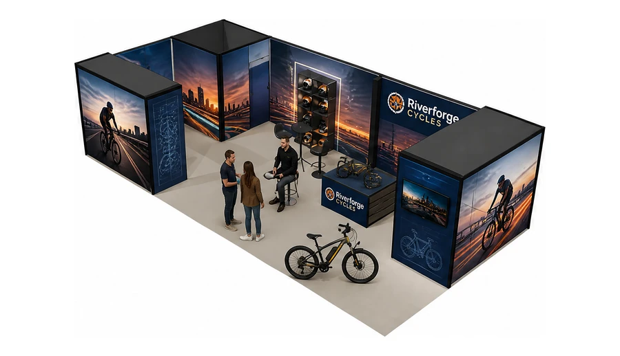 Stoisko 10 × 5 m narożne lewe dla branży rowery elektryczne, przykładowa marka Riverforge Cycles
