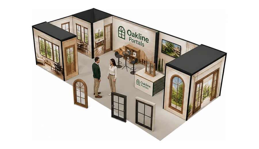 Stoisko 10 × 5 m narożne lewe dla branży okna i drzwi, przykładowa marka Oakline Portals