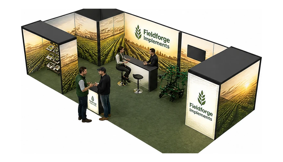Stoisko 10 × 5 m narożne lewe dla branży maszyny rolnicze, przykładowa marka Fieldforge Implements