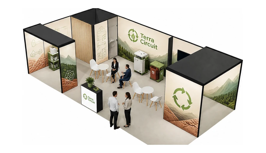 Stoisko 10 × 5 m narożne lewe dla branży recykling i ochrona środowiska, przykładowa marka Terra Circuit