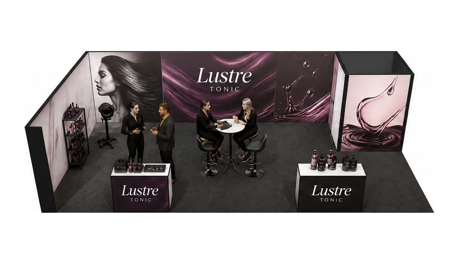 Stoisko 10 × 5 m narożne lewe dla branży fryzjerstwo i salony beauty, przykładowa marka Lustre Tonic