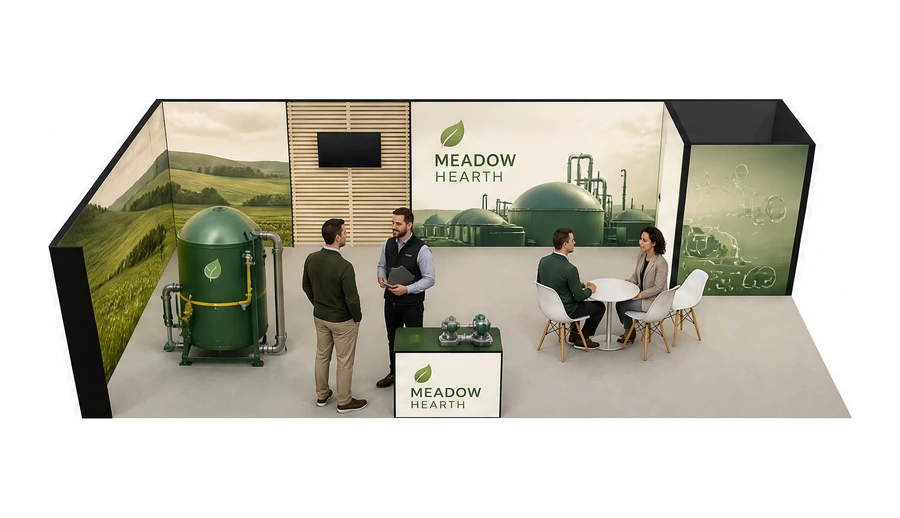 Stoisko 10 × 5 m narożne lewe dla branży biogaz i OZE, przykładowa marka Meadow Hearth