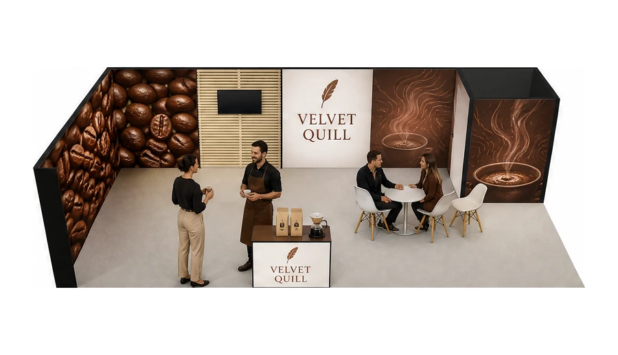 Stoisko 10 × 5 m narożne lewe dla branży palarnia kawy, przykładowa marka Velvet Quill