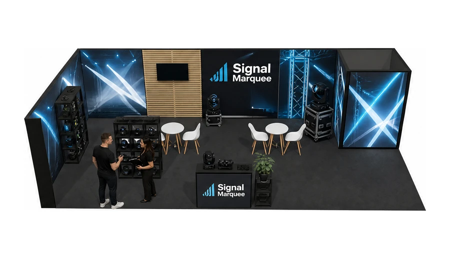 Stoisko 10 × 5 m narożne lewe dla branży branża eventowa, przykładowa marka Signal Marquee