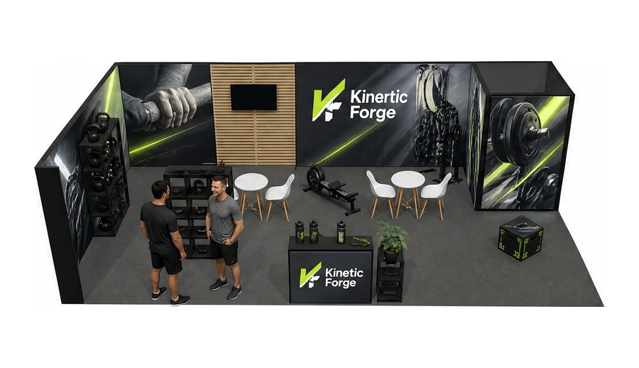 Stoisko 10 × 5 m narożne lewe dla branży fitness i siłownie, przykładowa marka Kinetic Forge