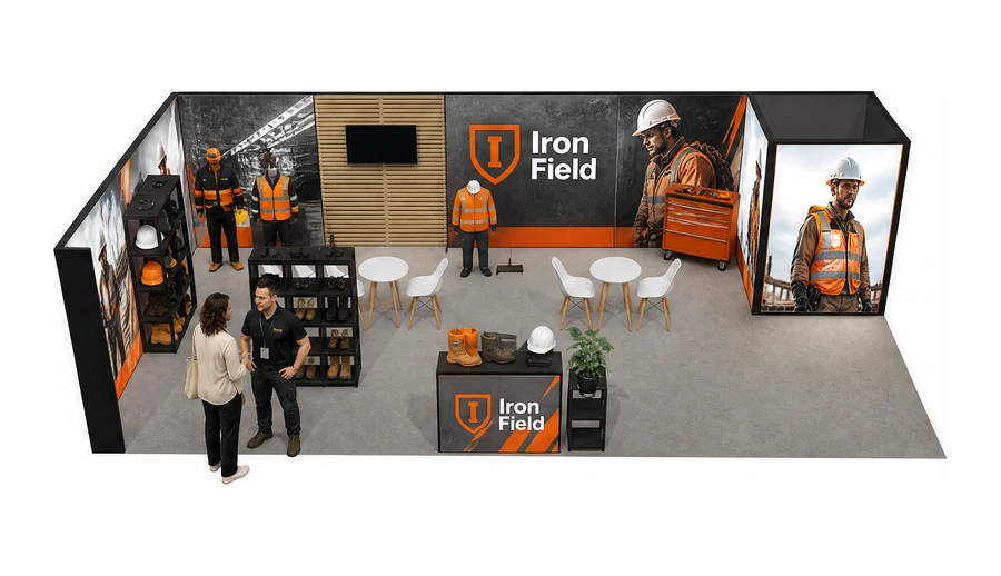 Stoisko 10 × 5 m narożne lewe dla branży BHP i odzież ochronna, przykładowa marka Iron Field