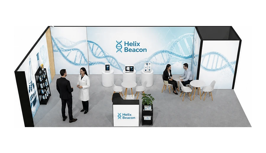 Stoisko 10 × 5 m narożne lewe dla branży farmacja i biotechnologia, przykładowa marka Helix Beacon