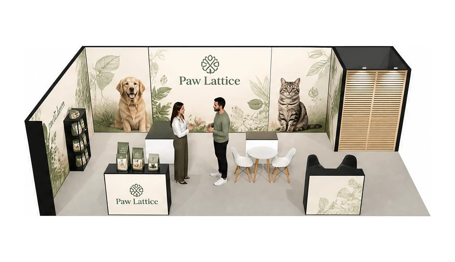 Stoisko 10 × 5 m narożne lewe dla branży karma dla zwierząt, przykładowa marka Paw Lattice