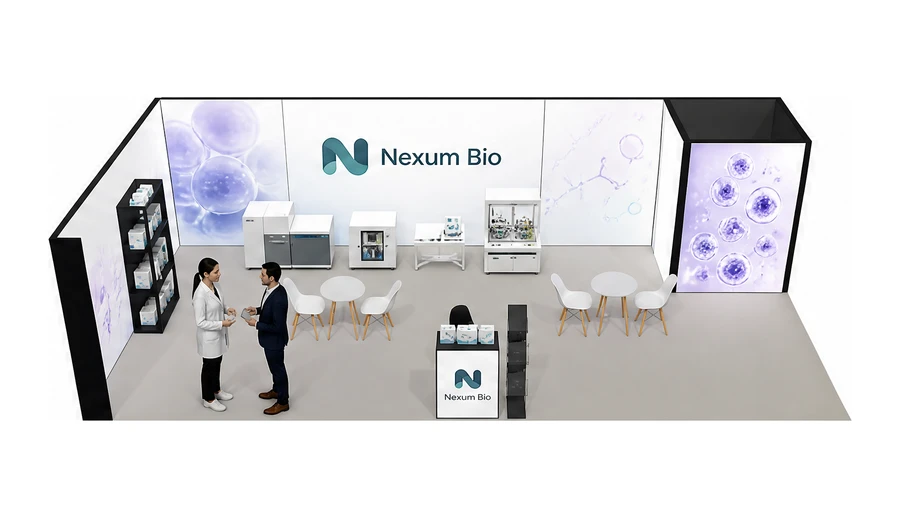 Stoisko 10 × 5 m narożne lewe dla branży farmacja i biotechnologia, przykładowa marka Nexum Bio