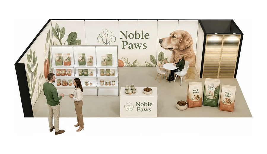 Stoisko 10 × 5 m narożne lewe dla branży karma dla zwierząt, przykładowa marka Noble Paws