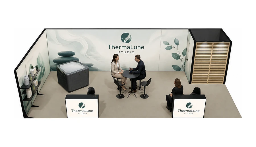 Stoisko 10 × 5 m narożne lewe dla branży spa i wellness, przykładowa marka ThermaLune Studio