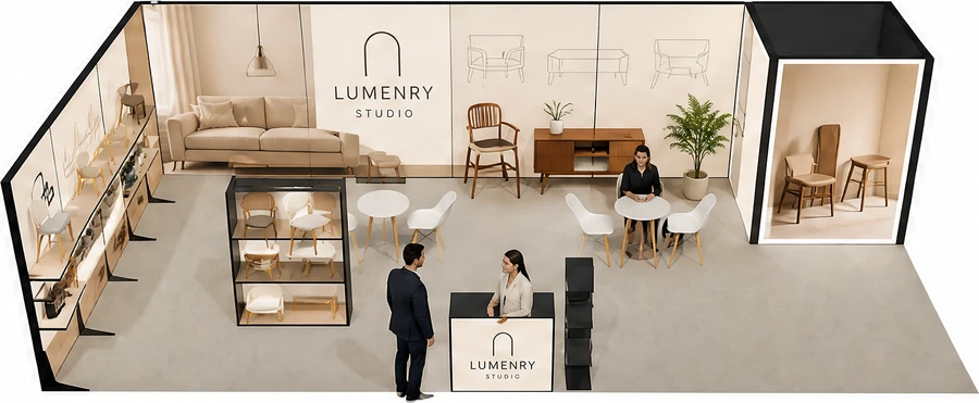 Stoisko 10 × 5 m narożne lewe dla branży meble designerskie, przykładowa marka Lumenry Studio