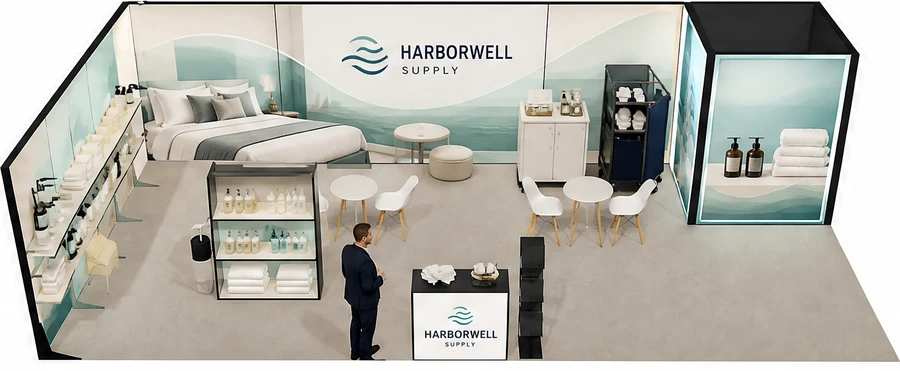Stoisko 10 × 5 m narożne lewe dla branży wyposażenie hoteli, przykładowa marka Harborwell Supply