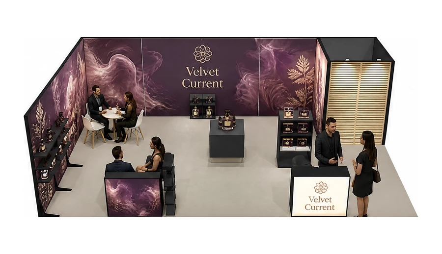 Stoisko 10 × 5 m narożne lewe dla branży perfumy, przykładowa marka Velvet Current