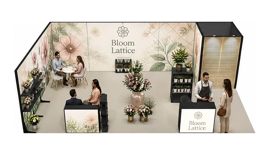 Stoisko 10 × 5 m narożne lewe dla branży rośliny i kwiaciarstwo, przykładowa marka Bloom Lattice