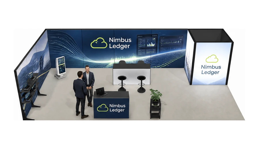 Stoisko 10 × 5 m narożne lewe dla branży oprogramowanie dla firm, przykładowa marka Nimbus Ledger