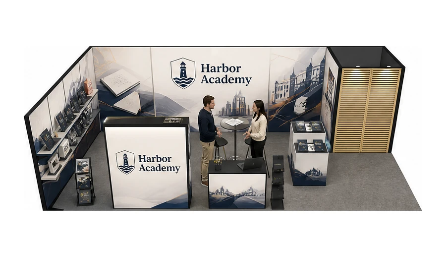 Stoisko 10 × 5 m narożne lewe dla branży edukacja i szkolenia, przykładowa marka Harbor Academy