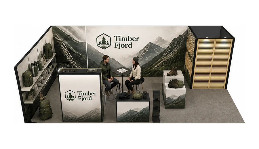 Stoisko 10 × 5 m narożne lewe dla branży odzież i sprzęt outdoorowy, przykładowa marka Timber Fjord