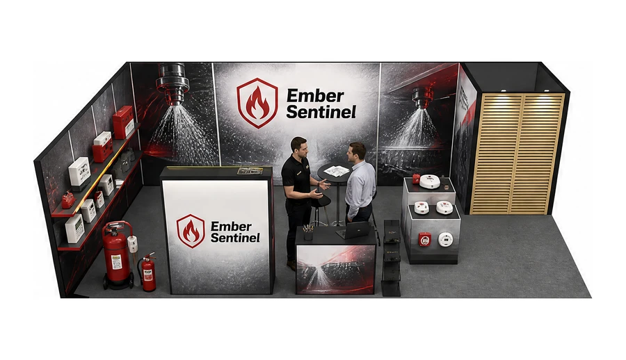 Stoisko 10 × 5 m narożne lewe dla branży ochrona przeciwpożarowa, przykładowa marka Ember Sentinel