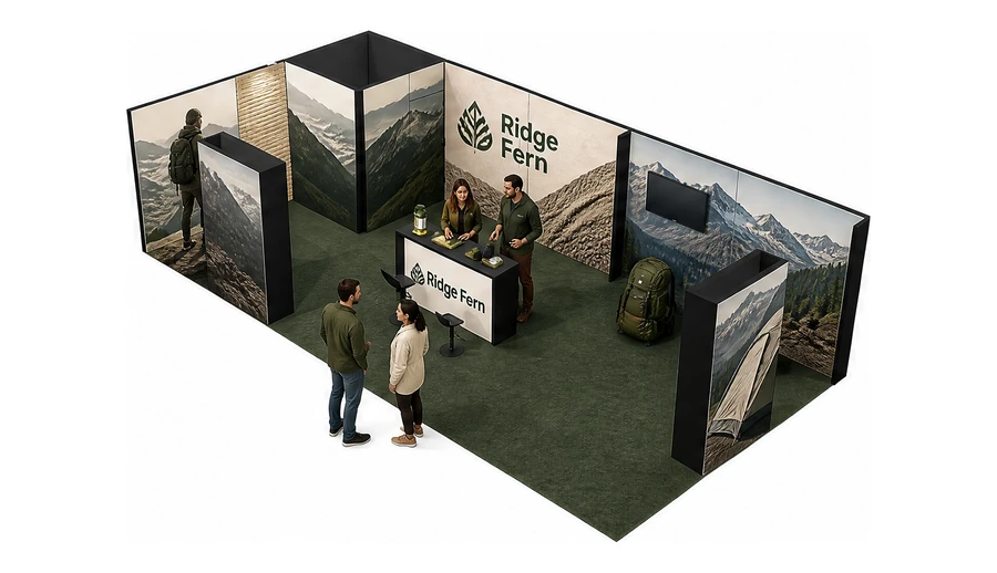 Stoisko 10 × 5 m narożne lewe dla branży odzież i sprzęt outdoorowy, przykładowa marka Ridge Fern