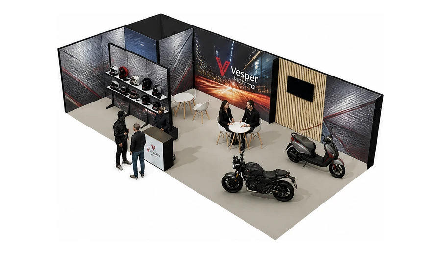 Stoisko 10 × 5 m narożne lewe dla branży motocykle i skutery, przykładowa marka Vesper Moto